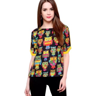 Flat 60% Off on PANNKH  Casual Short Sleeve Printed Women Black Top